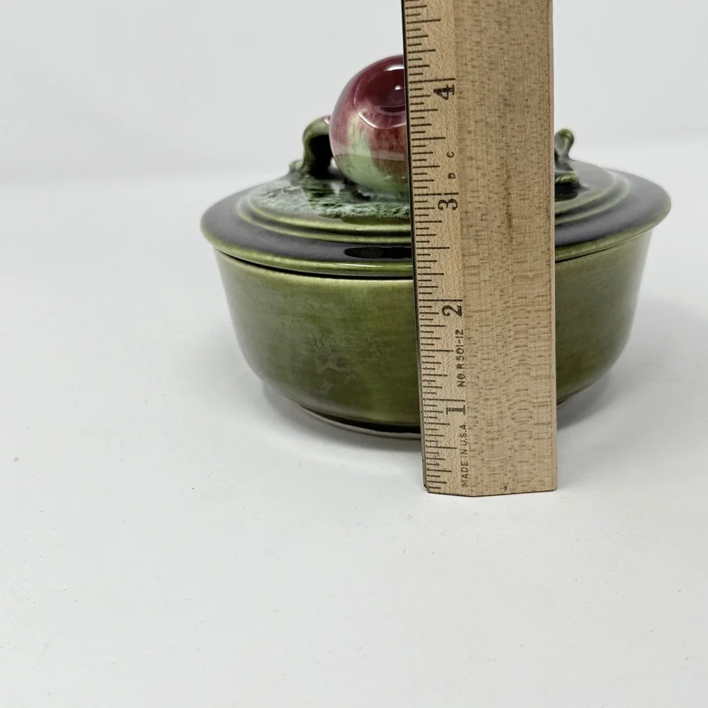 Vintage Wade Of California Pottery Green Drip Glaze‎ Apple Covered Lid Dish #202